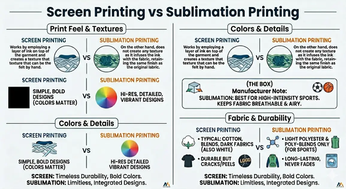 An infographics comparing screen printing and sublimation printing process, explaining core differences such as details, colors and durability.