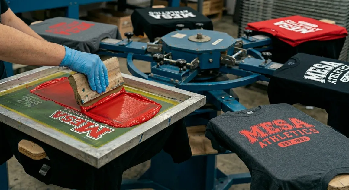 A person printing designs onto tshirts using screen printing method involving inks, stencils for design and a xqueegee.