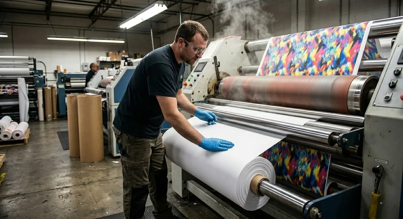 A man wearing gloves making sure polyester fabric and sublimation design transfer paper are aligned and results in proper design printing.