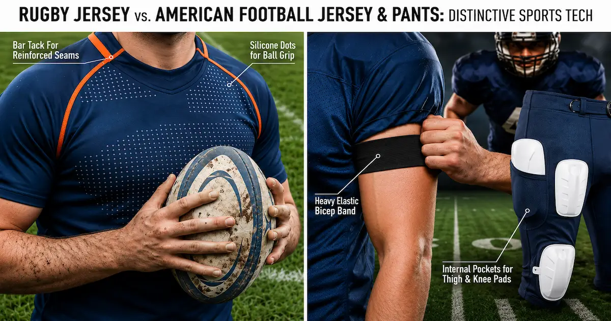 Showcasing bar tack seams and silicone dots on rugby jersey while showing elastic bicep bands and internal pockets for protection pads.