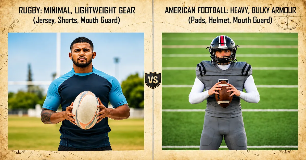 An side-by-side comparison of minimal and lightweight rugby kit against heavier and bulkier american football uniforms with helmet and pads.