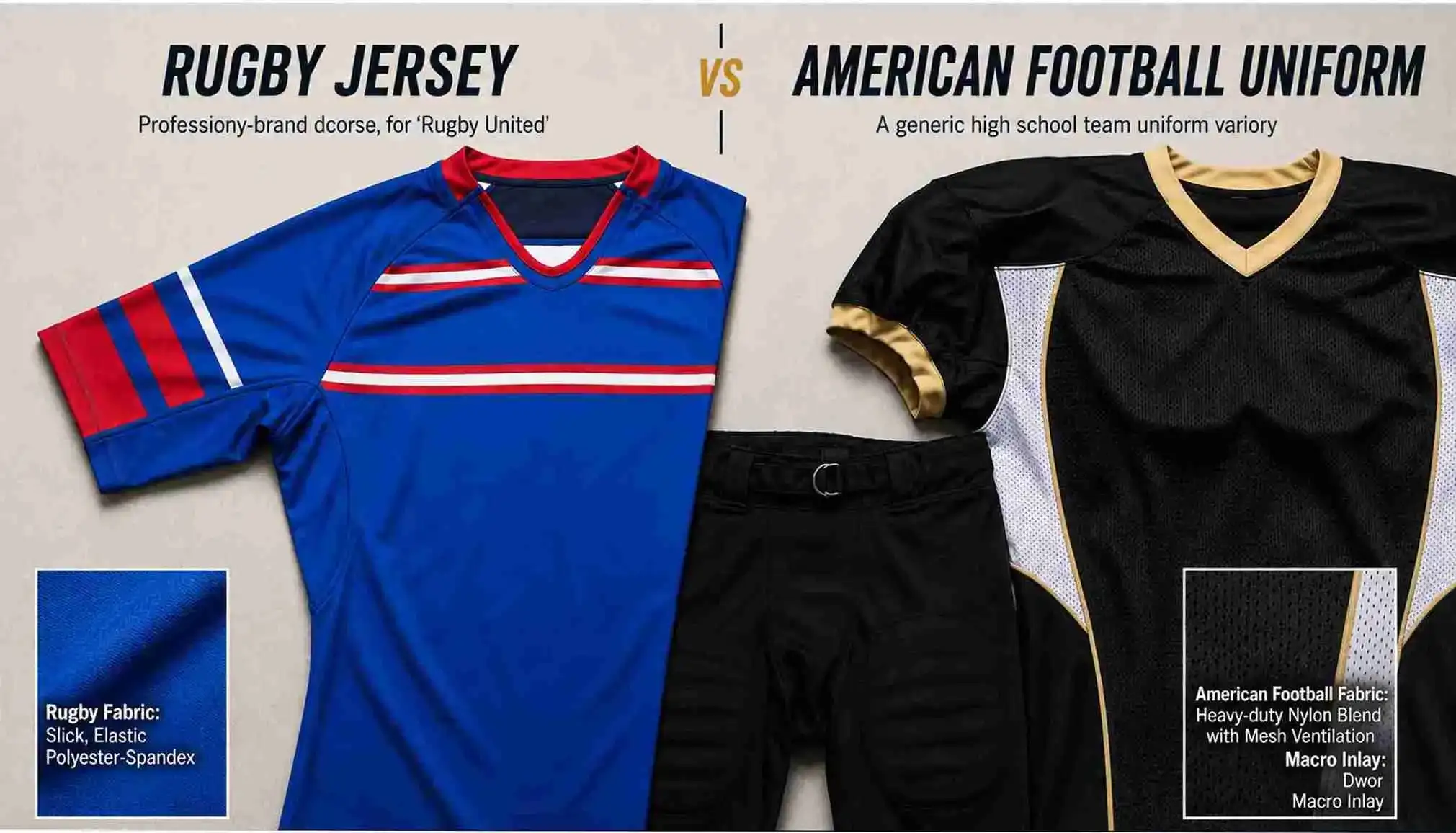 A side-by-side comparison of polyester made rugby jersey and double-knitted polyester or heavy nylon for american football unifroms