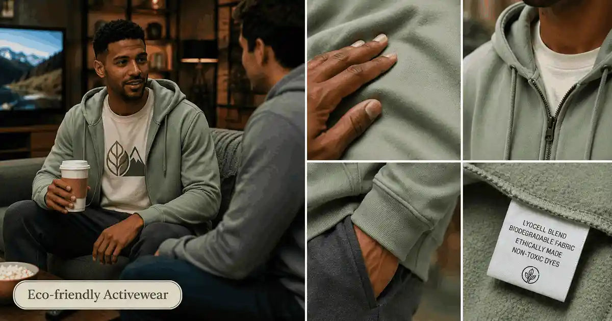 Sustainable activewear hoodie worn by a man in a tv lounge and made with recycled cotton fleece and non-toxic dyes.