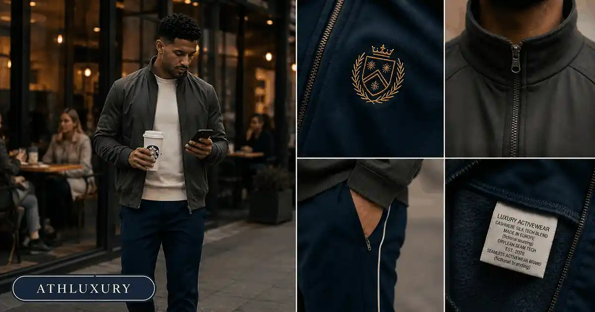 Multi-panel showcase of men's luxury sportswear featuring hybrid jackets and trousers with embroidery details.