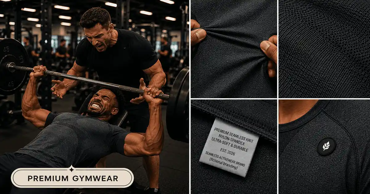 High-end men's gymwear highlighting 4-way stretch and seamless construction using technical soft feel fabrics.