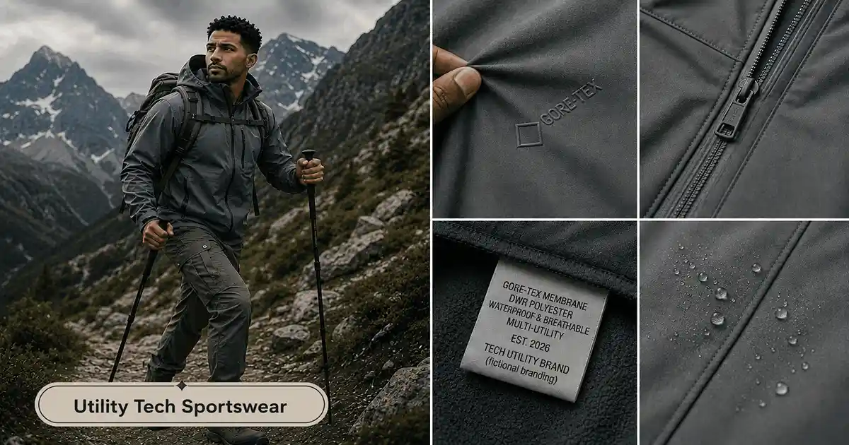Functional techwear featuring a man in tactical pants and jacket made with Gore-Tex and DWR coatings.
