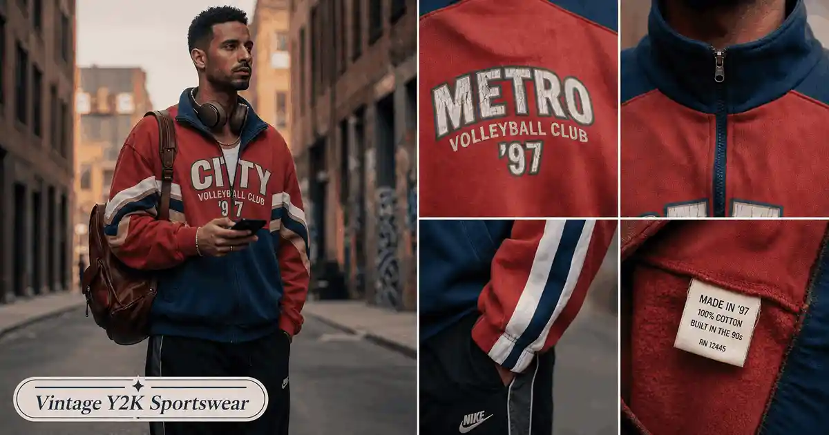 Men's detailed multi-panel vintage sportswear jacket and joggers with bold logos and graphic designs.