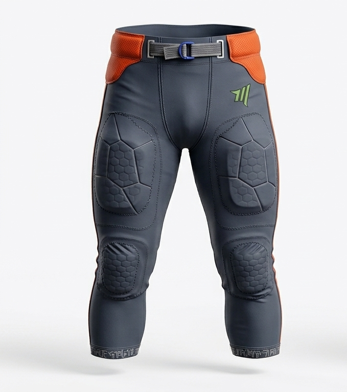 American football full size pants with integerated front pads for protection and D-ring belt.