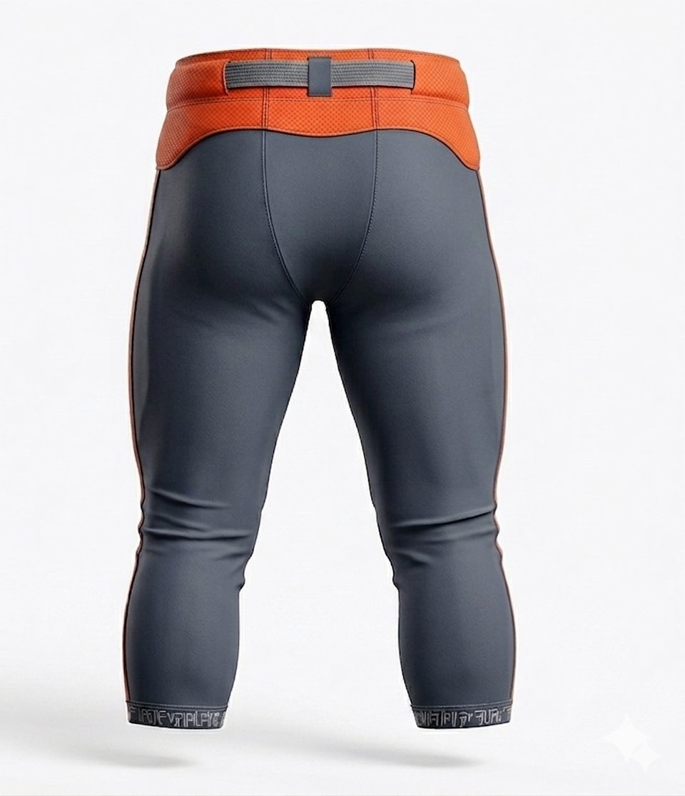Back view of American football full size pants made with polyester-spandex fabric blend.