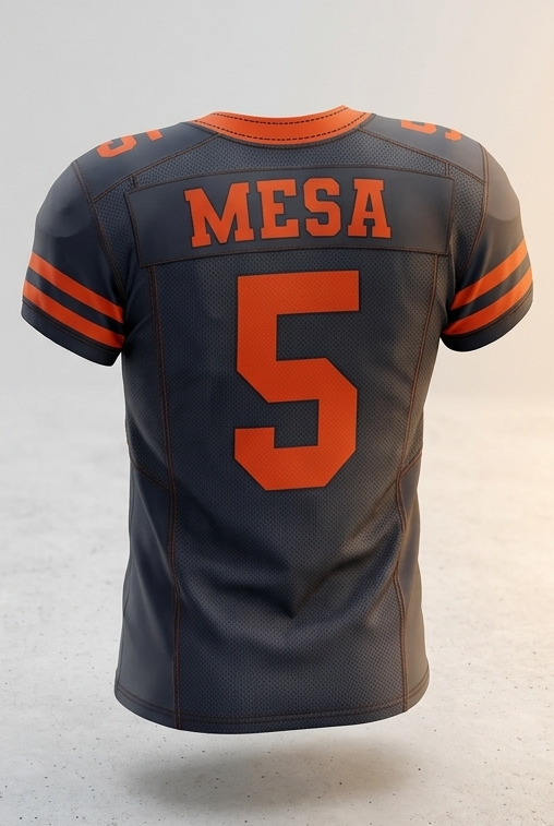 American football jersey with custom lettering on the back. Mesh polyester fabric and spandex for ventilation and stretch.