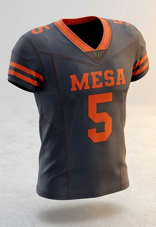 American football jersey with custom lettering on the front. Mesh polyester fabric and spandex for ventilation and stretch.