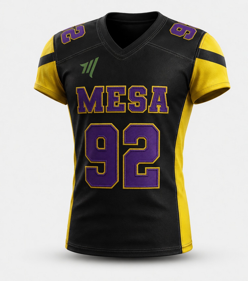 Front side of professional American football jersey made with polyester and tackle twill lettering at front fabric panel.