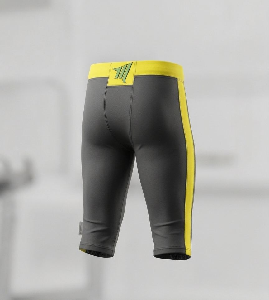Back side view of american football pants with yellow color trims on the side and a featured logo on wasteband.