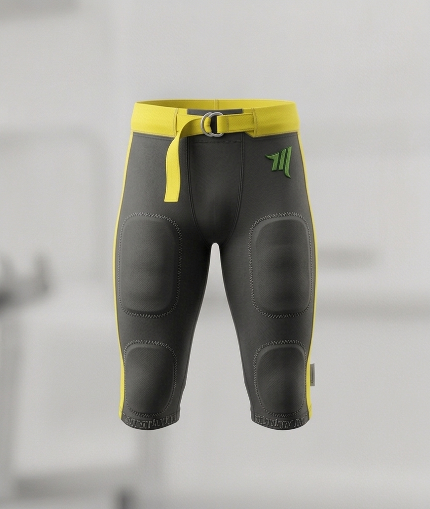 Front view of american football pants with sewn-in pads, d-ring belt and yellow color trims on the side.