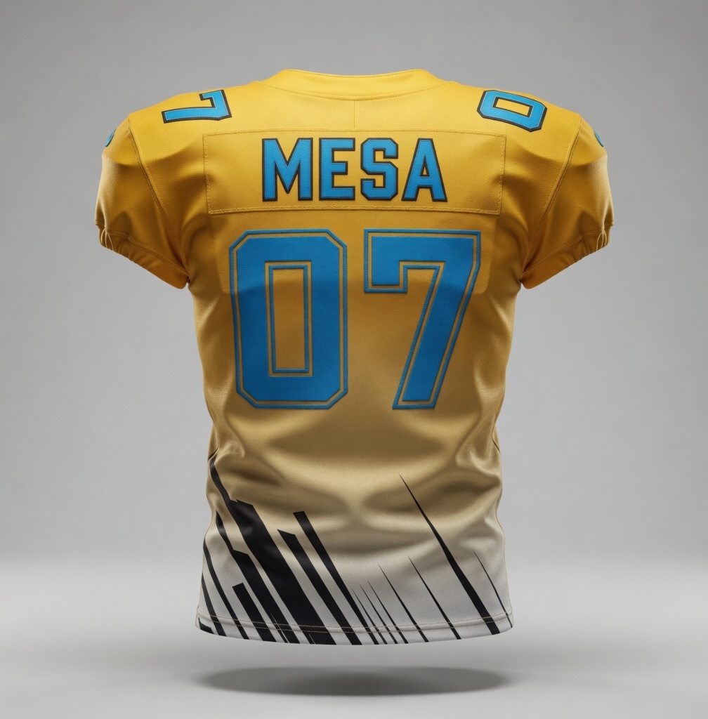Back view of professional american football jersey showcasing branding patches and team player numbers with sublimation stripped design at bottom.