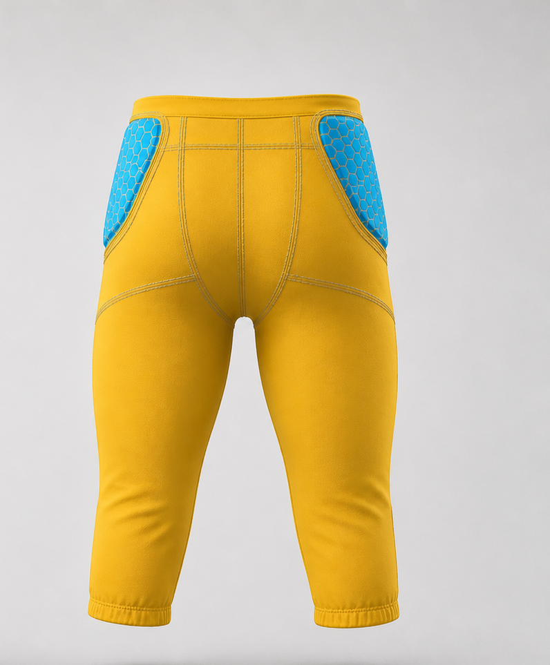 Back side view of an yellow colored american football pro pants showing reinforced 5 thread stitching.
