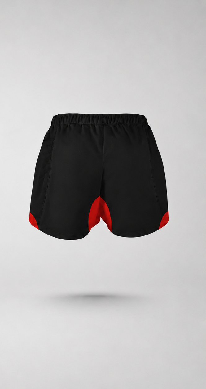  Back view of personalised rugby shorts with elastic waistband featuring red accents at bottom.