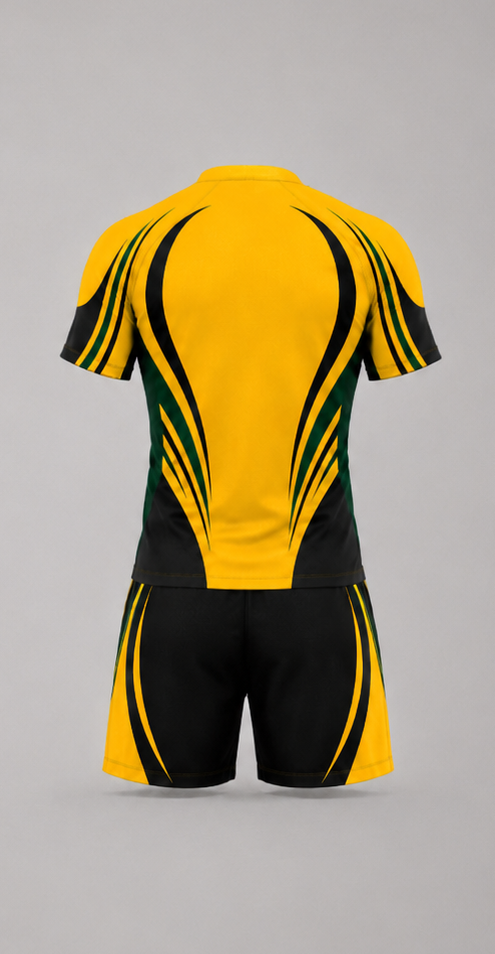 Backside view of black and yellow rugby kit featuring all over sublimation design on jersey and shorts.