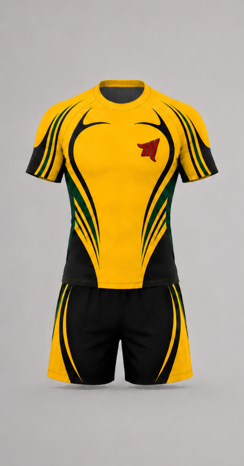 Front view of a black and yellow rugby kit with sublimation patterns and red embroidered logo on left chest side.