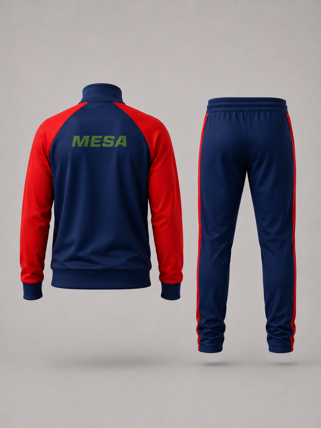 Back view of activewear tracksuit featuring a navy blue jacket and matching navy blue trousers with red stripes and logo on the back .