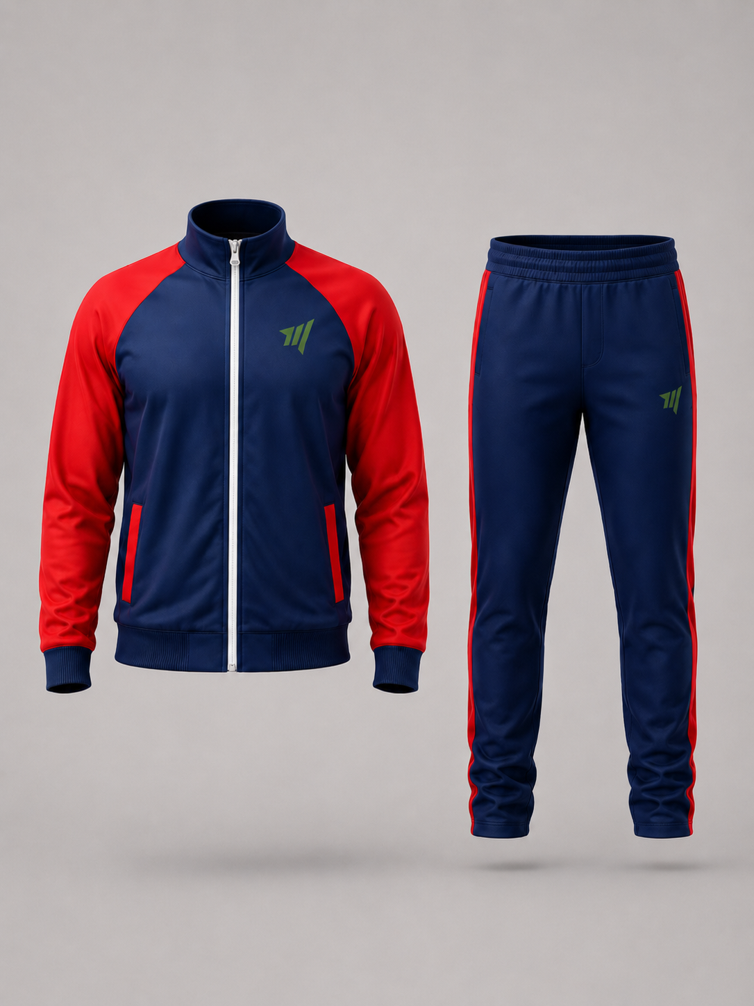 Front view of activewear tracksuit featuring a navy blue zip-up jacket and matching navy blue trousers with red stripes and a logo on left chest.