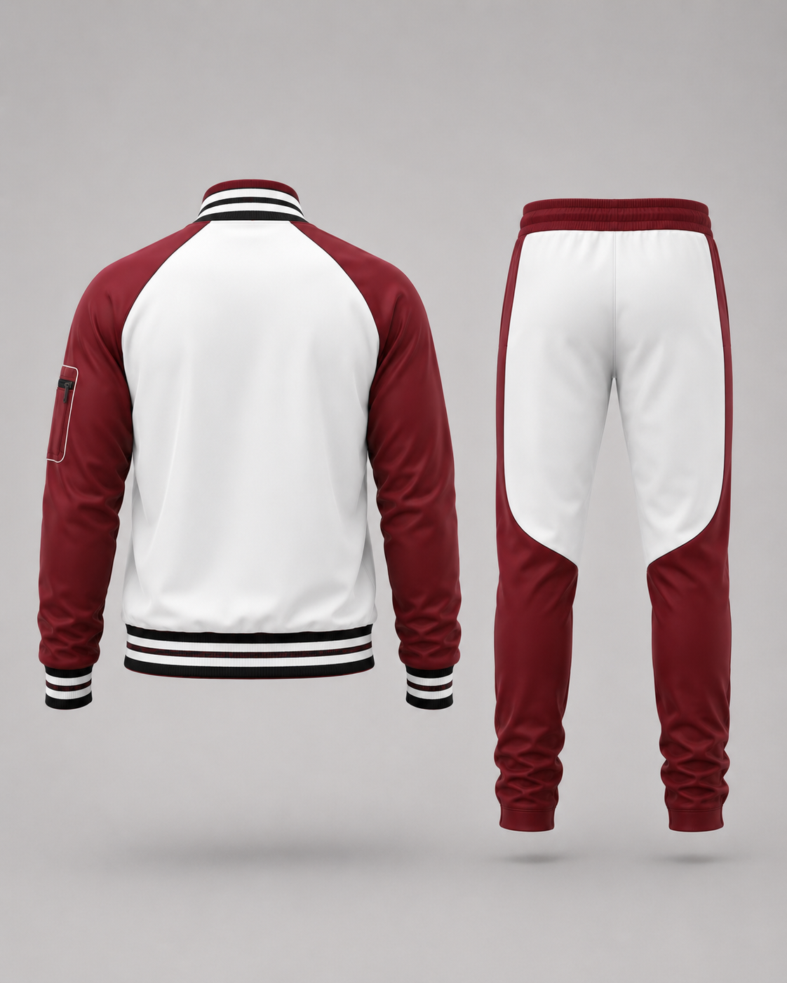 Back view of customized activewear tracksuit featuring a white and maroon color , zippered jacket with striped cuffs and collar, and a black sublimated pattern at the bottom. 