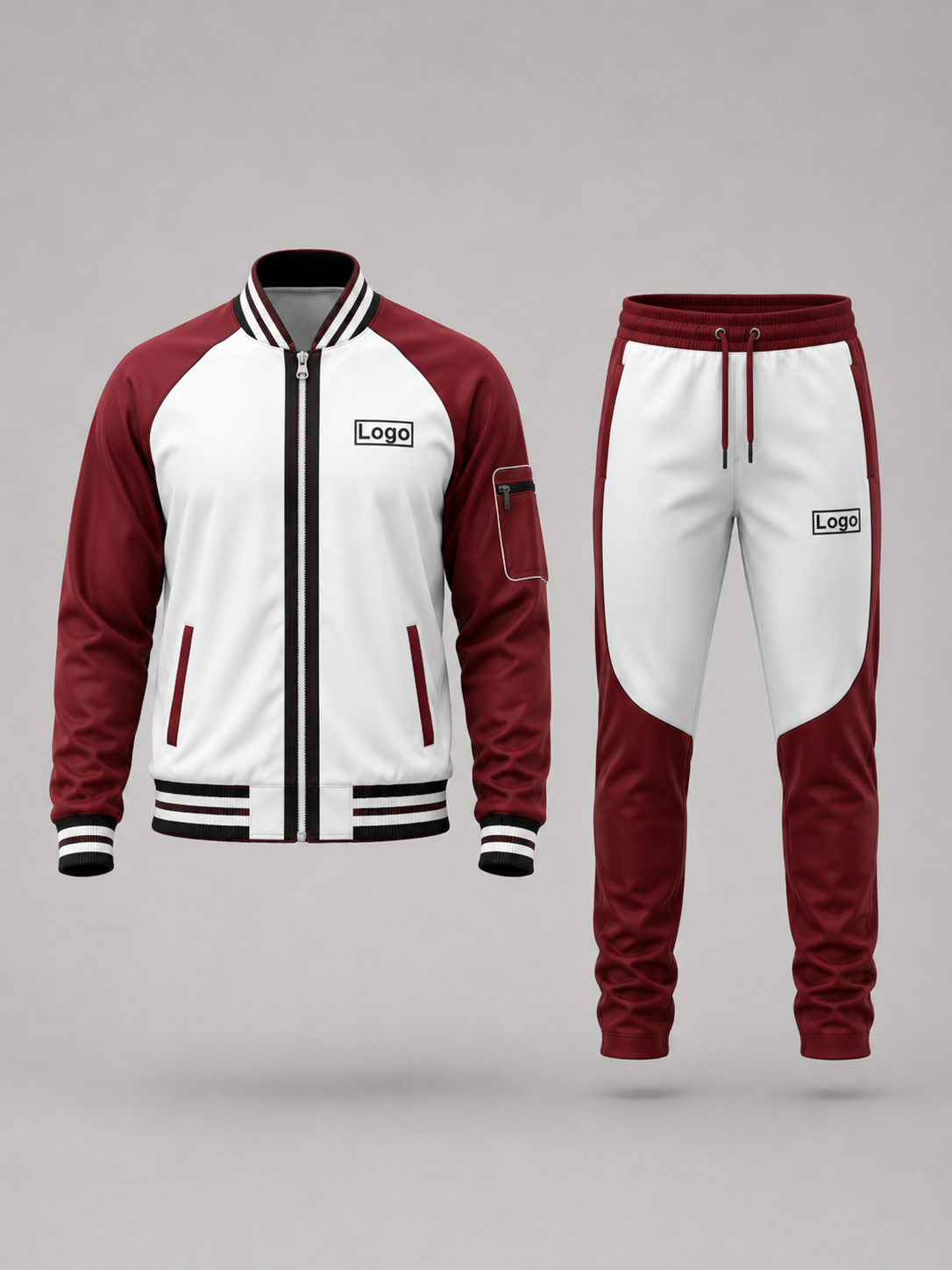 Front view of customized activewear tracksuit featuring a white and maroon color , zippered jacket with striped cuffs and collar, and a logo on the left chest and trousers 