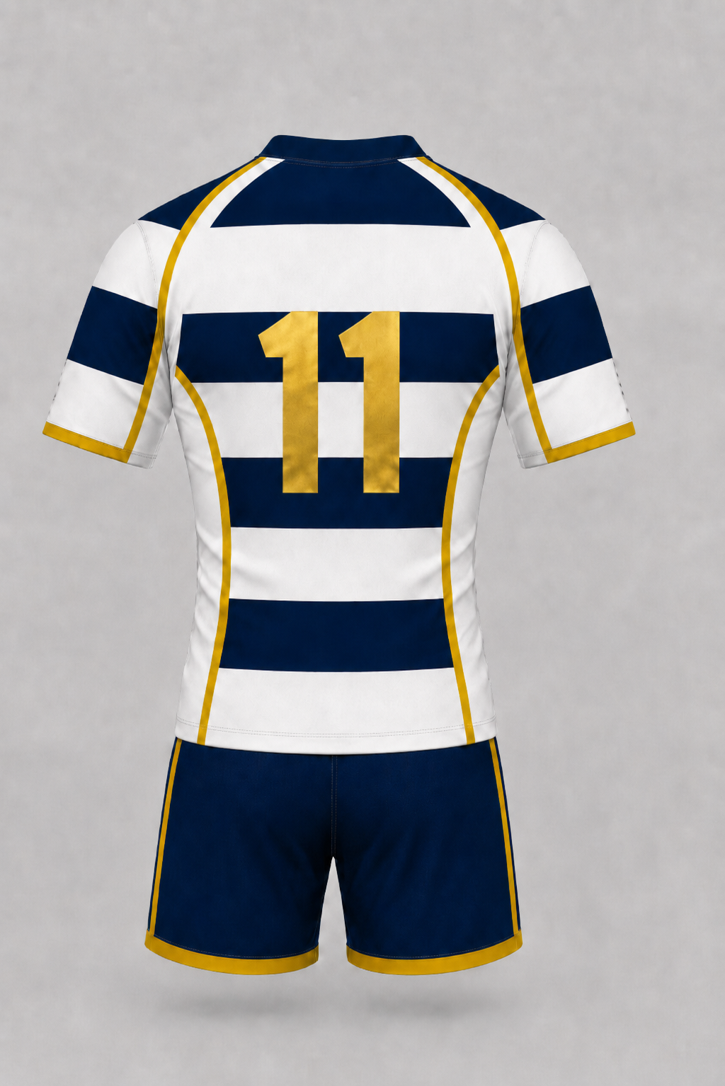 Back view of 7s rugby kits featuring crew neck with gold number lettering and sublimated stripe design.