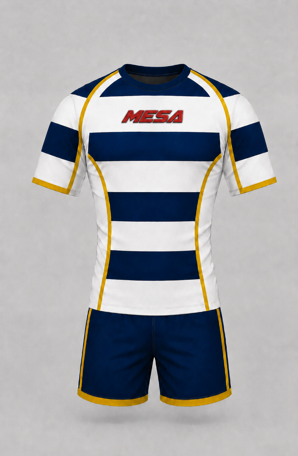 Front view of 7s rugby uniform featuring crew neck with sublimated blue and white stripe design.