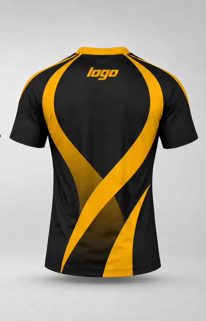 Back view of a black rugby jersey with a gold gradient pattern and custom logo placement at top back.