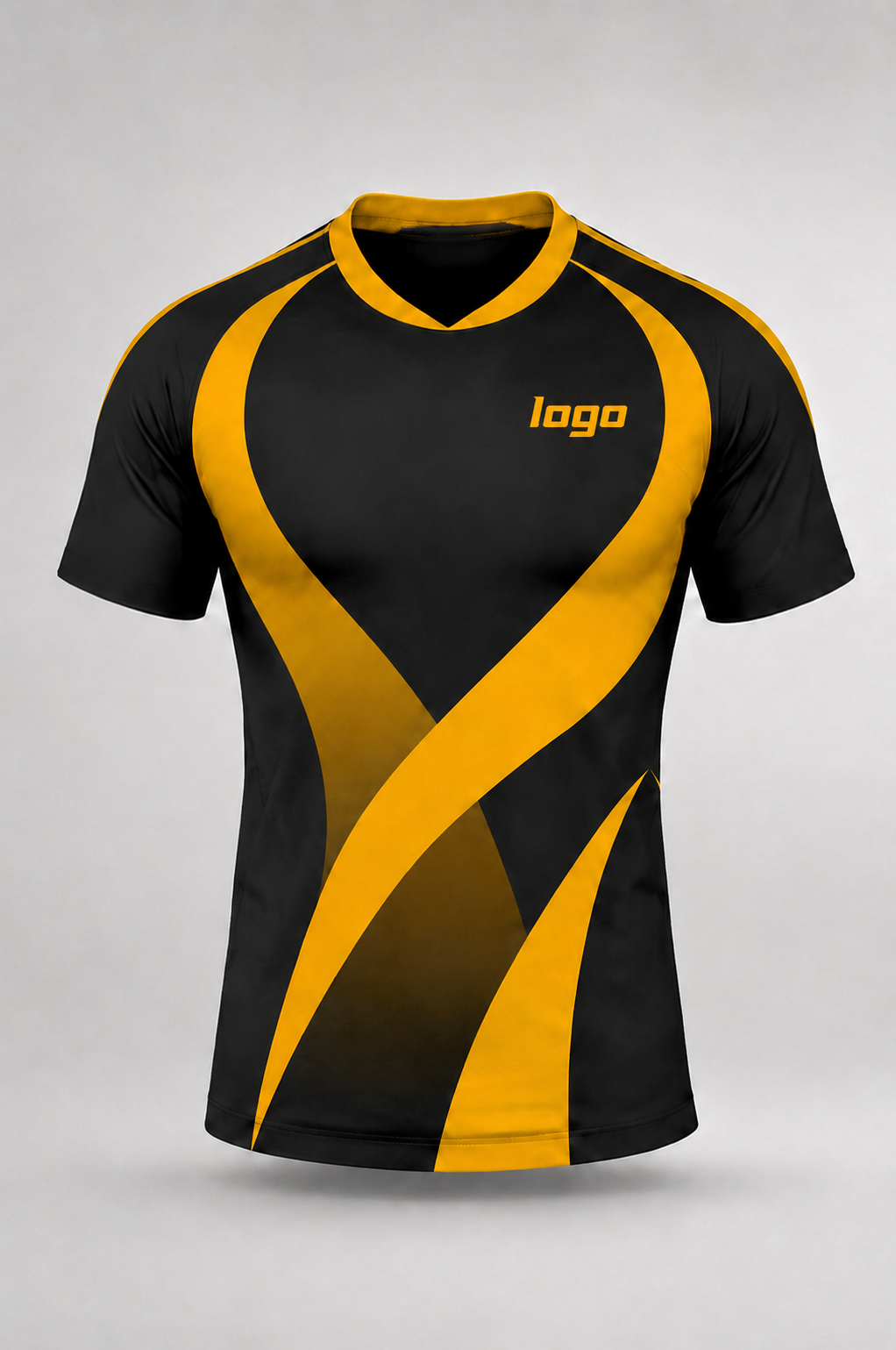 Front view of a black rugby jersey with gold gradient pattern and custom logo place at left chest.