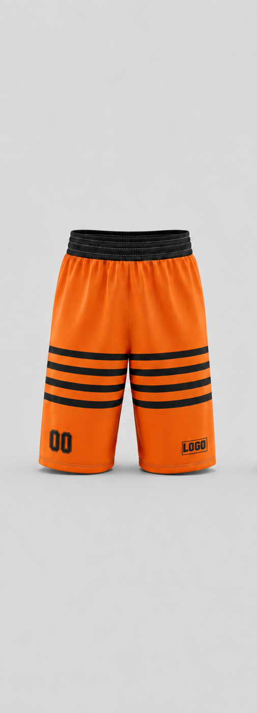  Front view of orange custom basketball shorts with black horizontal stripes, number, and logo placement.