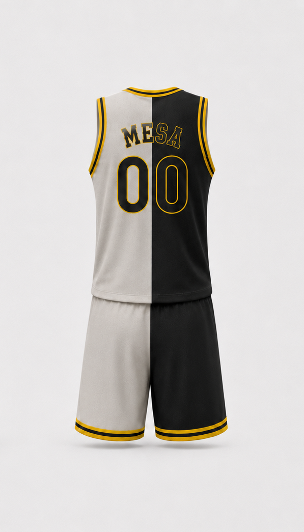 Back view of custom basketball uniform kit with a split royal blue and teal jersey and matching shorts.