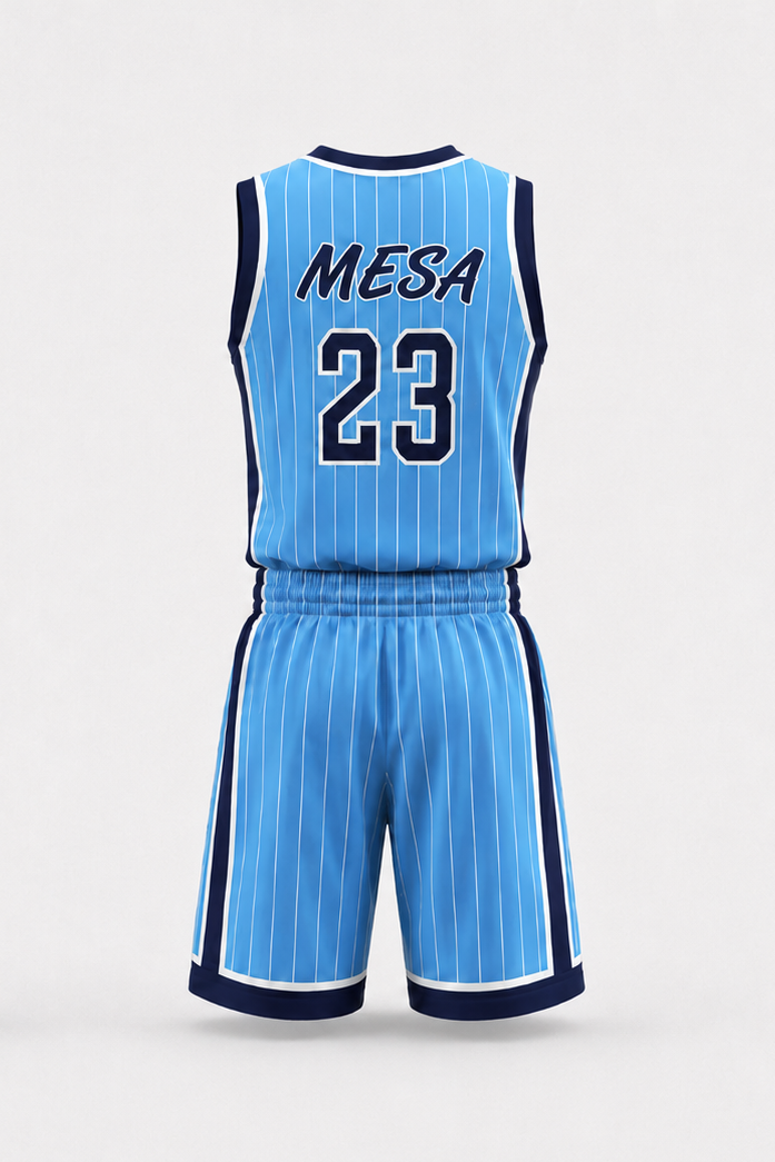 Back view of mesa Sports custom basketball uniform in sky blue with white pinstripes